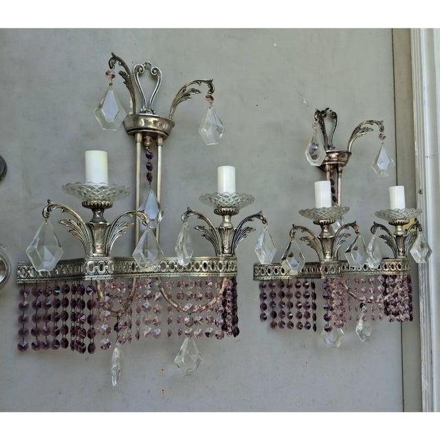 1940's Hollywood Regency Silvered Metal With Amethyst & Pink Cut Austrian Crystal Waterfall Wall Sconces a - Pair For Sale - Image 13 of 18