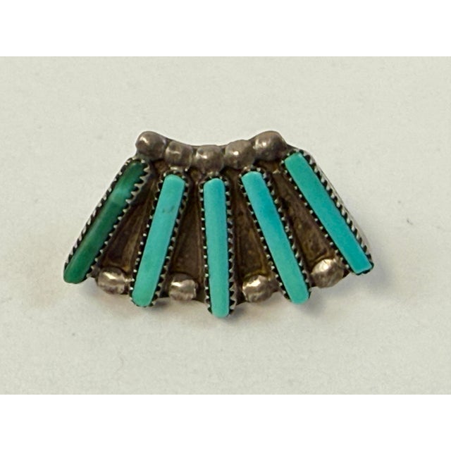 Zuni Turquoise Needlepoint Sterling Silver Pierced Fan Earrings Native American For Sale - Image 4 of 7