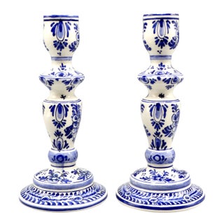 Blue & White Delft Faience Candle Holders, a Pair For Sale