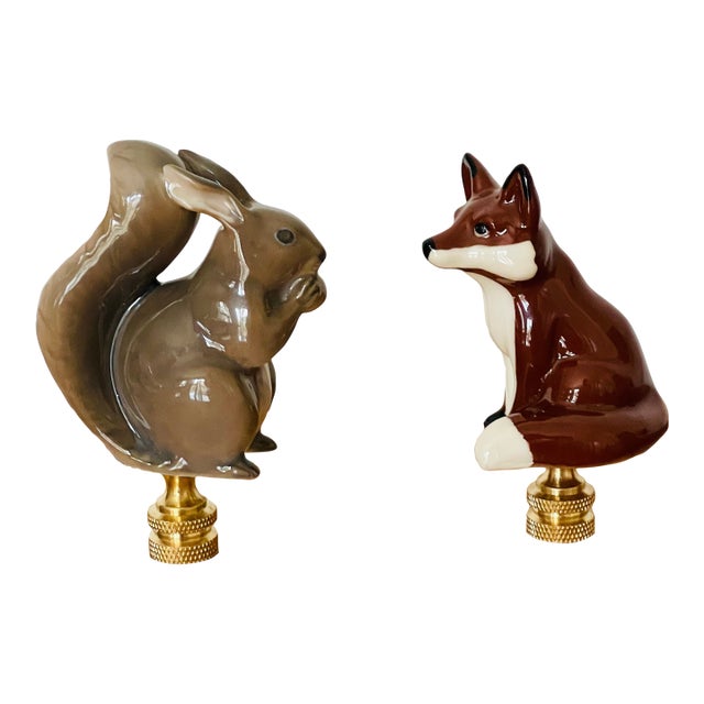 1970s Two Cute Squirrel and Fox Figurines Lamp Finials For Sale