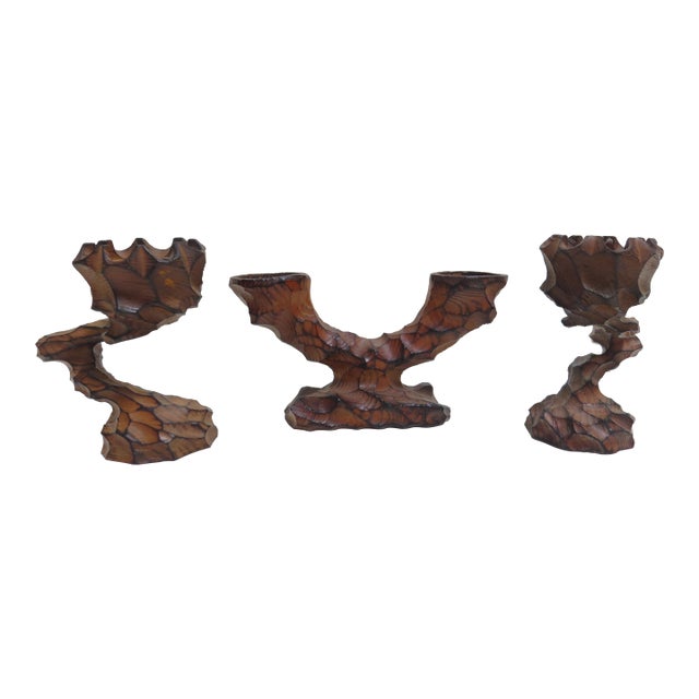 Vintage German Brutalist Hand Carved Wooden Candle Holder - Set of 3 For Sale