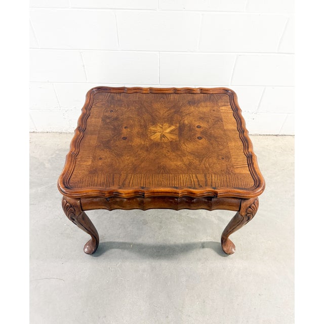Mid 20th Century Neoclassical French Provincial Burlwood Walnut Scalloped End Tables - A Pair For Sale - Image 9 of 12