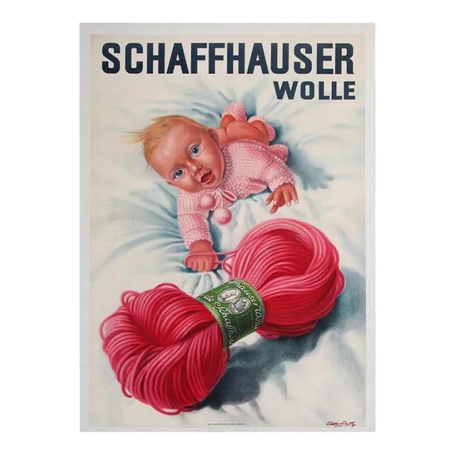 Vintage Poster Swiss Schaffhauser Wolle Wool Yarn Knitting 1935 For Sale