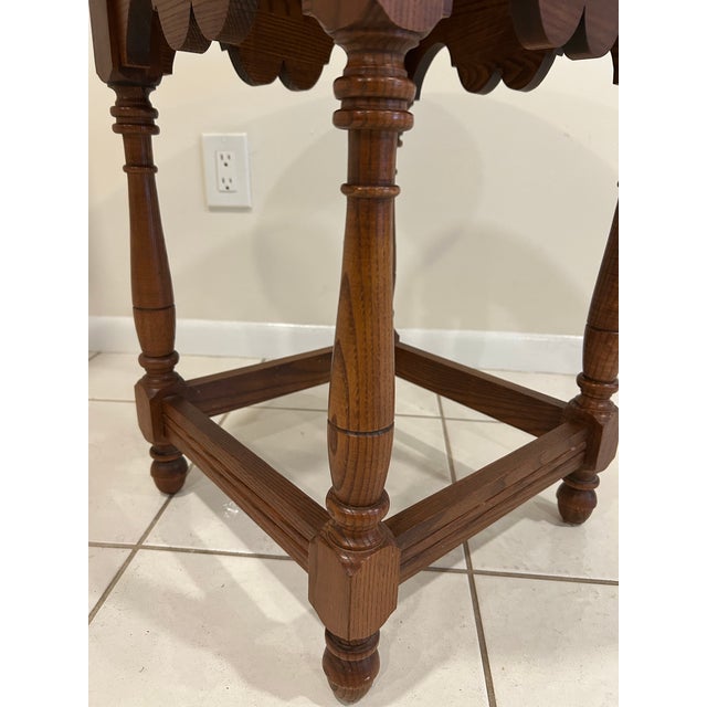 1980s Authentic L. Hitchcock Signed Oval Side Table - Solid Oak Harvest Stenciled Accent End Table - Scalloped Apron For Sale - Image 11 of 12