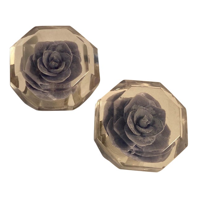 1960s Rose Imbedded Lucite Knobs a Pair For Sale