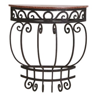 French Wrought Iron Demilune Console with Rosso Verona Marble Top, 1940s For Sale