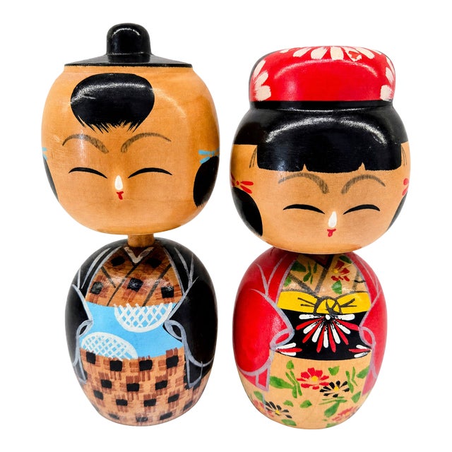 Vintage Japanese Wedding Kokeshi Dolls – Hanayome Bride & Mubuko Groom Folk Art Pair, Hand-Painted Wood For Sale