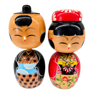 Vintage Japanese Wedding Kokeshi Dolls – Hanayome Bride & Mubuko Groom Folk Art Pair, Hand-Painted Wood