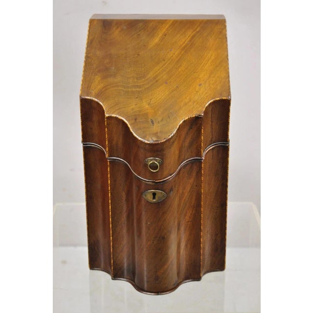 Antique George III Georgian Mahogany & Satinwood Inlay Buffet Knife Box. Item features an antique shapely serpentine form,...