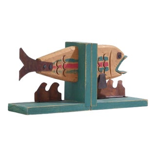 Vintage Rustic and Wood and Metal Fish Bookends - a Pair For Sale