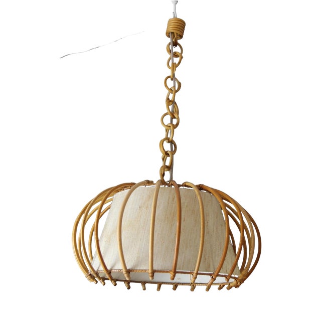 Vintage Rattan Pendant Light in Hand-Woven Wicker by Louis Sognot, 1950s For Sale
