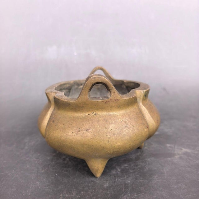 Metal Vintage Solid Brass Incense Burner, Yuanbao Ears & Tripod Feet, Melon Shaped Chinoiserie Censer for Altar and Table Decor For Sale - Image 7 of 9