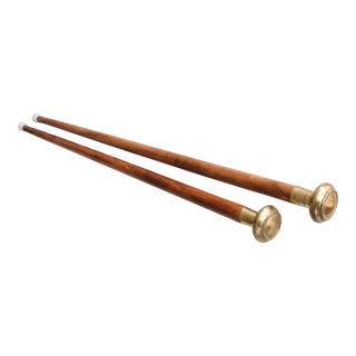 English Vintage Carved Hardwood & Brass Walking Sticks S/2 For Sale