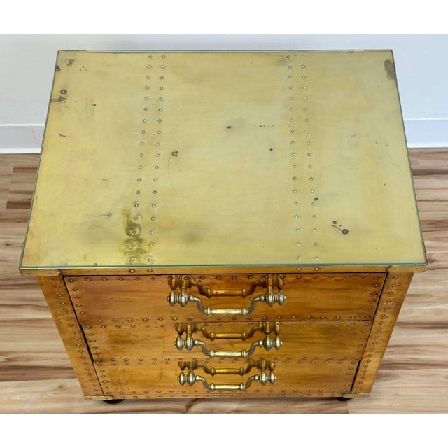 Mid-Century Modern Vintage Sarreid Riveted Brass Clad Three Drawer Chest For Sale - Image 3 of 11