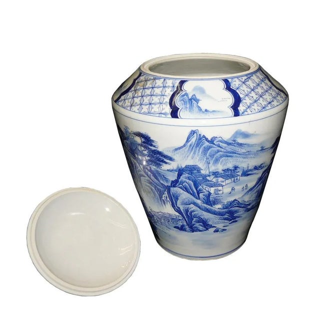 Chinese Porcelain Blue White Water Mountain Scenery Container For Sale - Image 4 of 6