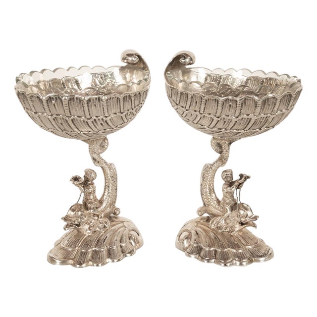 Antique Pair German Silver Master Salts Grotto Shells Putti Dolphins Hannau 1890 For Sale