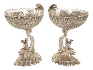 Antique Pair German Silver Master Salts Grotto Shells Putti Dolphins Hannau 1890