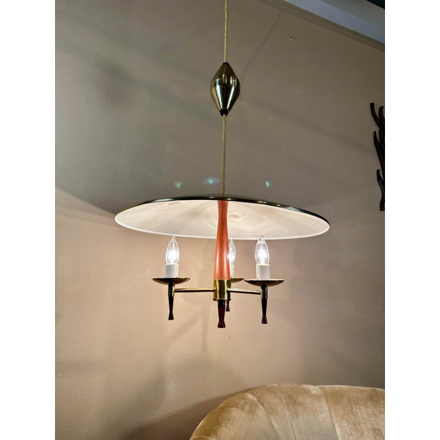 Wood Mid Century Flying Saucer Pull Down Lamp For Sale - Image 7 of 12