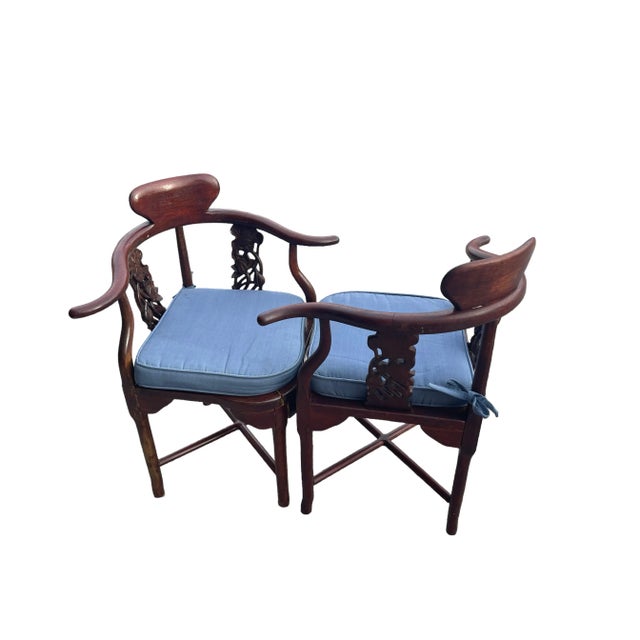 Wood Late 19th Century Pair of Antique Hand Carved Asian Style Corner Chairs With Removable Blue Cushions For Sale - Image 7 of 7