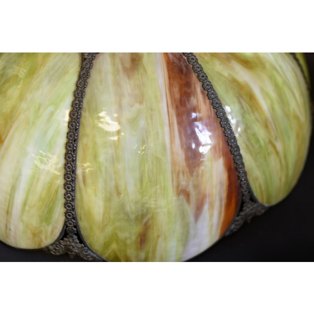 Antique Avocado Ceiling Light Shade With Slag Glass and Bronze Bands For Sale - Image 14 of 18