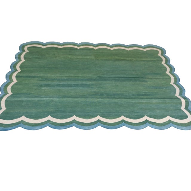 Handmade Cotton Scalloped Rug, Forest Green With Cream and Blue Full Border 9'x12' For Sale - Image 6 of 11