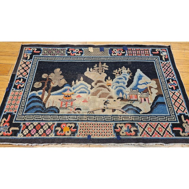 Late 19th Century Antique Ningxia Pictorial Rug, Handwoven Wool Pile, Scenic Landscape, Navy & Tan, 4' x 7' For Sale - Image 5 of 14