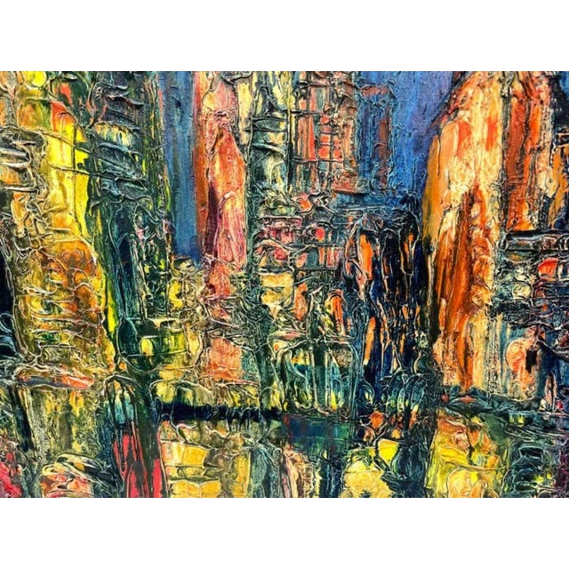 Original vibrant cityscape painting by Lucette Barth (American, 1894-1986) Oil on canvas Circa 1960's Titled "New York at...