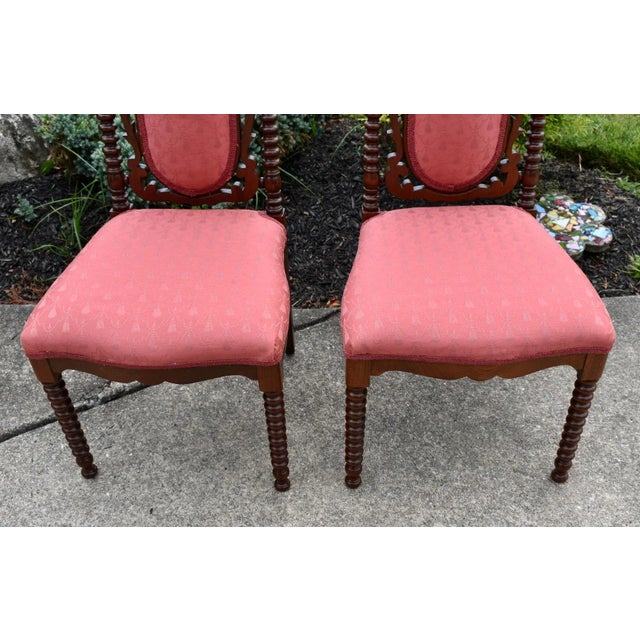 Victorian Antique Walnut Boudoir Chairs Victorian Side Spindle Carved Pair 1880s Coral For Sale - Image 3 of 12