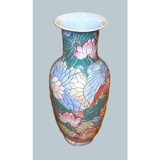 Ceramic 1970's Chinese Enameled Chinoiserie Water Lily Vase For Sale - Image 7 of 11