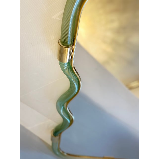Mid-Century Modern Contemporary Horizzontal Wave Mirror in Green and Gold "Torchon" Torciglione Murano Style Glass For Sale - Image 3 of 9