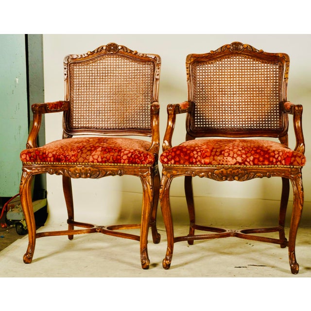 Early 20th Century Early 20th Century Pair of Carved Cane-Back Armchairs With Rich Red Upholstery For Sale - Image 5 of 5
