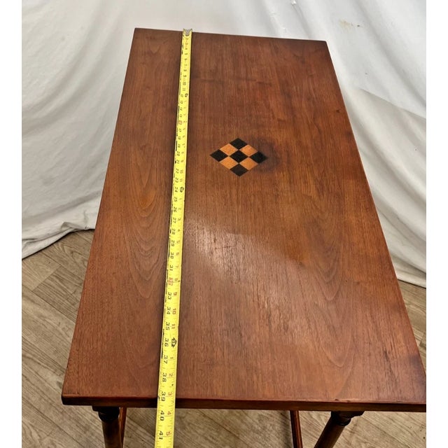 Brown Vintage Writing Table, Desk, Large Drawer, Checkerboard Inlay, Sheraton Style For Sale - Image 8 of 12