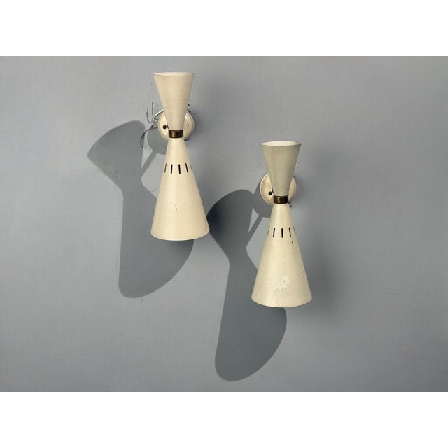 1960s Italian Modern, White Lacquered Metal, Brass, Wall Sconces, Italy - a Pair For Sale - Image 4 of 8