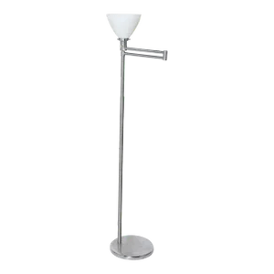 1950s Walter Von Nessen Brushed Steel Swing Arm Floor Lamp with White Milk Glass Shade