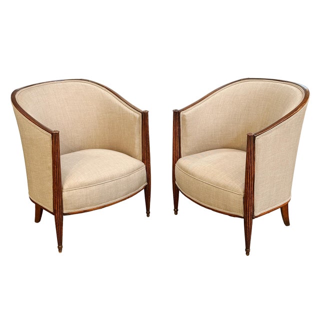 Linen Pair of French Lounge Chairs in the Art Deco Style (Individually Priced) For Sale - Image 8 of 15