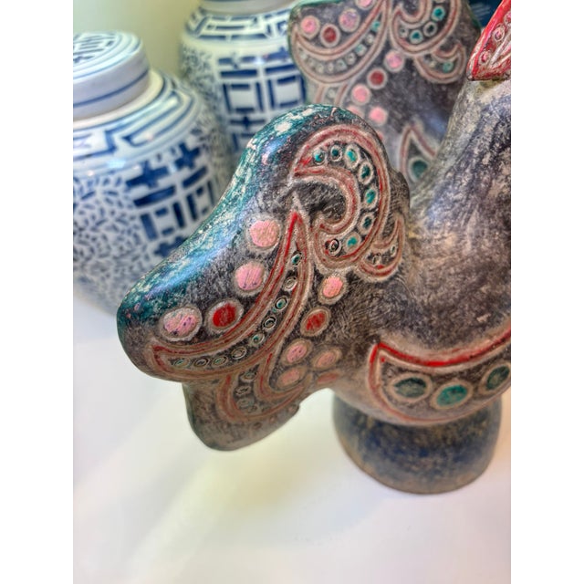 Vintage Thai Terracotta Rooster Bird Sculptures Hand Painted Folk Art – A Pair For Sale - Image 10 of 18