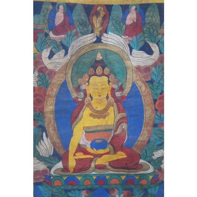 Vintage Tibetan Buddha Thangka Painting Swans Flowers Figures Faux Bamboo Frame For Sale - Image 6 of 10