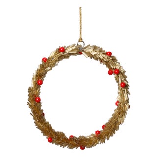 Festive Beaded Ornaments with Red Berries, Set of 12, Gold Round, 6" For Sale