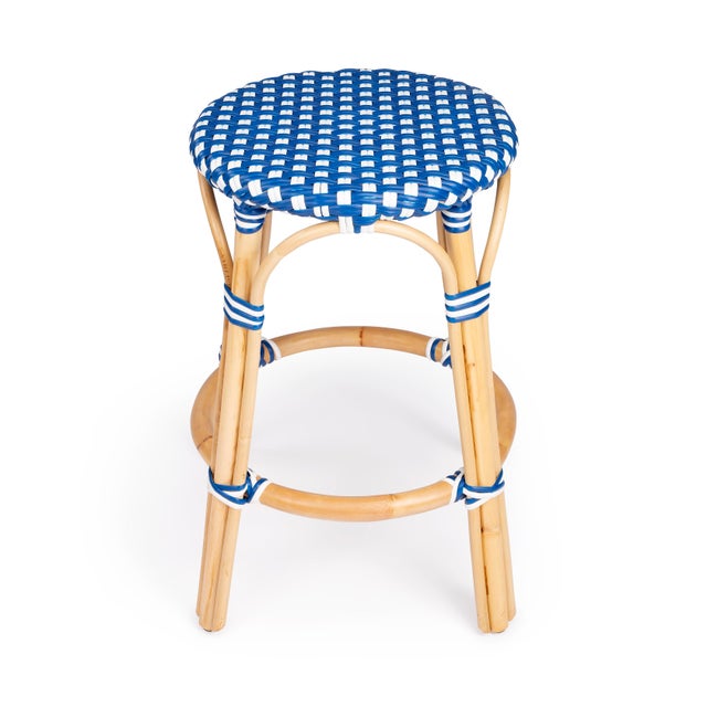 Spritely Home Accent Furniture Tobias 24 in. Seat Height Round Rattan Backless Counter Stool, Blue/White Dot / Natural Rattan Frame For Sale - Image 4 of 8