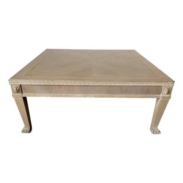 Hollywood Regency Neoclassical Style Carved Greek Key & Lion Motif Square Coffee Table For Sale