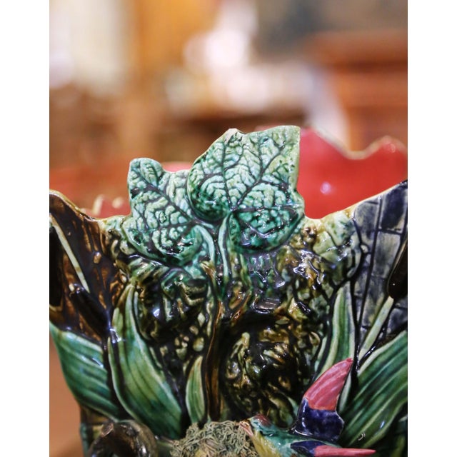 Pair of 19th Century French Barbotine Majolica Jardinières With Bird and Foliage For Sale - Image 9 of 16