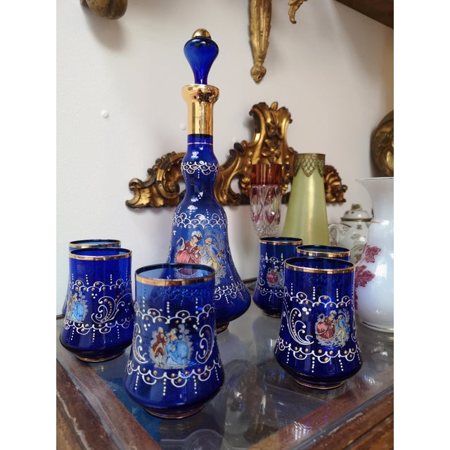 1970s Cobalt Blue Glass Glasses and Pitcher, 1970s, Set of 7 For Sale - Image 5 of 10