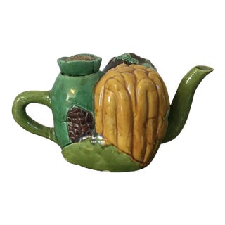 Antique 19th Century Chinese Porcelain Molded Vegetable Tea Pot in Famille Vert Glaze For Sale