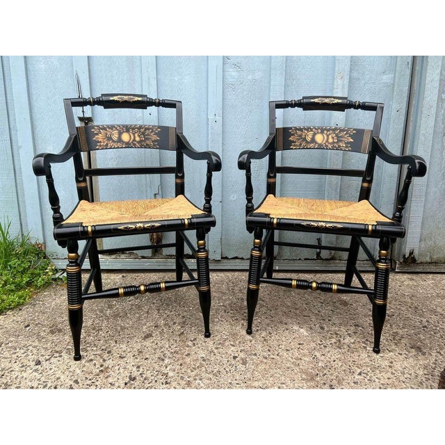 Pair of Vintage L. Hitchcock Late Federal Style Grain-Painted & Gilt-Stenciled "Fancy" Rush Seat Armchairs For Sale - Image 17 of 17