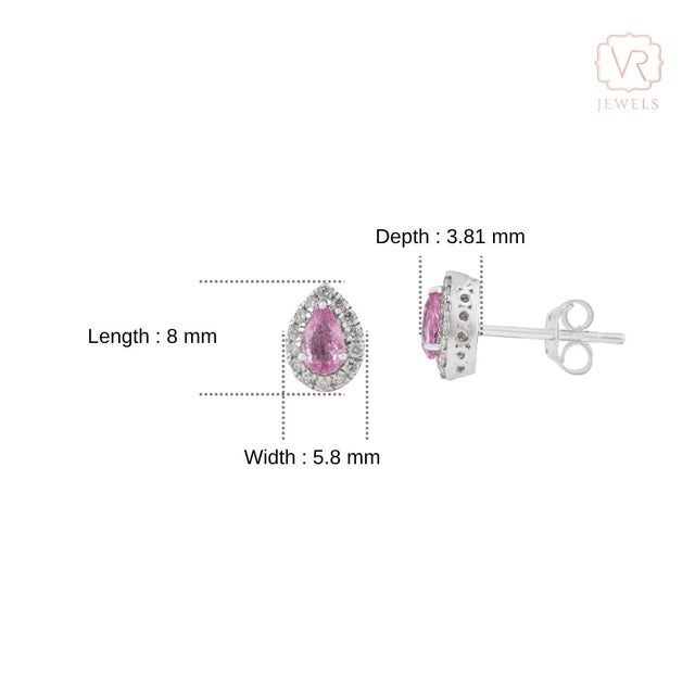 Natural Pear Cut Pink Sapphire & Diamond Halo Stud Earrings in 18k White Gold- 2 Pieces For Sale - Image 10 of 13