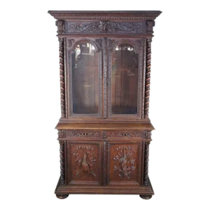 Antique 19th Century French Henry II Carved Oak Hunt Cabinet Bookcase Cupboard