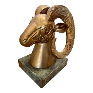 Mid Century Solid Brass Ram's Head Bust on Marble Statue For Sale