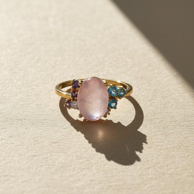 Rose Quartz Multicolor Ring in 14k Gold, Size 7.5 For Sale - Image 12 of 12