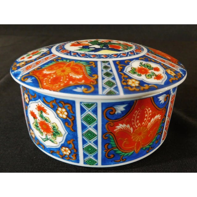 Vintage Chinese Hand Painted Red & Blue Peacock Floral Round Porcelain Trinket Dresser Box For Sale - Image 4 of 9