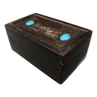 Vintage Rosewood Puzzle Box With Turquoise Inlay & Hidden Lock Mechanism For Sale